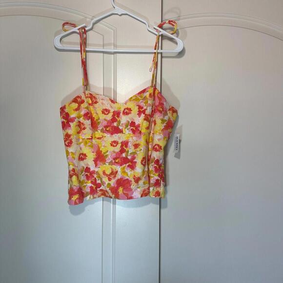 NWT Old Navy Fitted Linen Blend Tie Shoulder Cropped Cami Top Orange Pink Medium - Picture 2 of 5